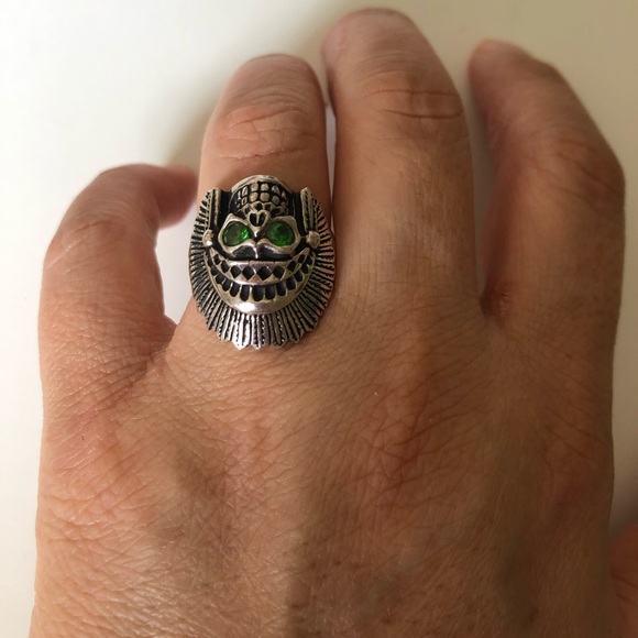 Other - 925 silver biker chief skull ring green cz eyes